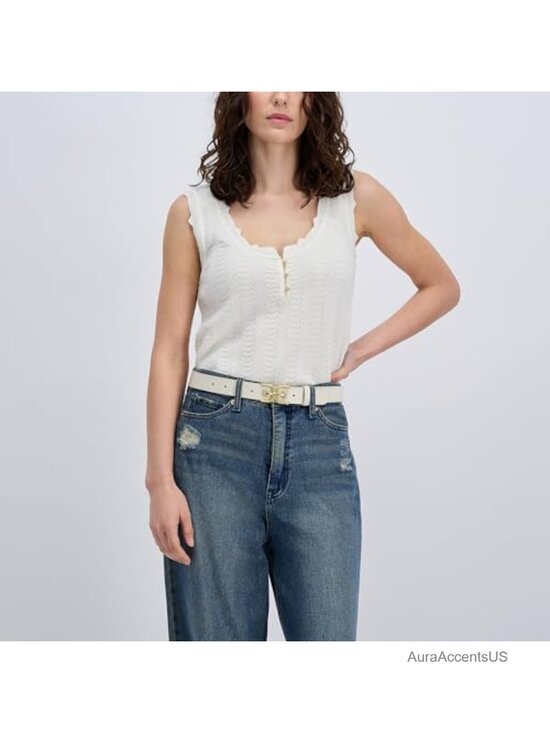 Leather & PU Double-E Logo Plaque Buckle Slim Belt for Jeans, Dresses, Trousers